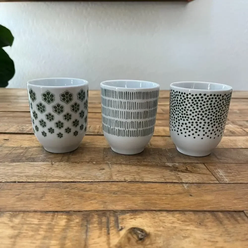 IKEA Entusiasm Set of 3 Tumblers 7 Oz Cups Unique Green & White Patterns